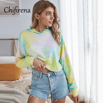 

Chifirena Autumn Winter Long Sleeve Hooded Women Casual Loose Sweatshirts Female Workout Sporty Tie Dye Short Hoodies Fashion