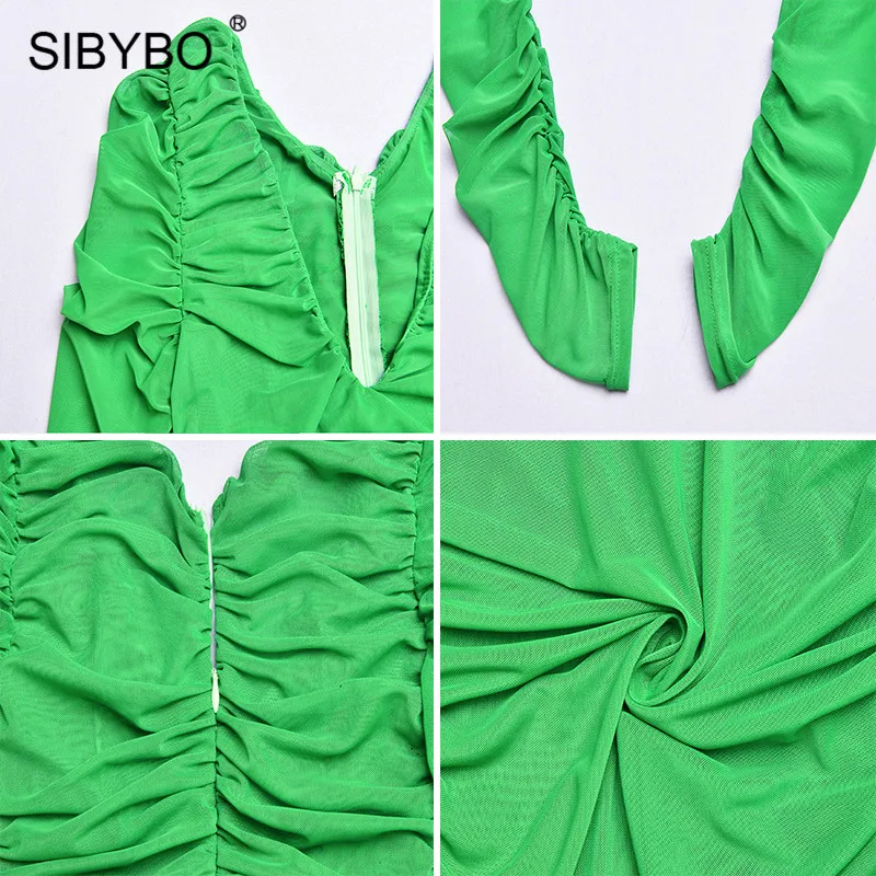 SIBYBO, весеннее Плиссированное сексуальное облегающее платье с двойной сеткой, модное летнее Мини-платье с длинным рукавом и v-образным вырезом, однотонные Клубные вечерние женские платья