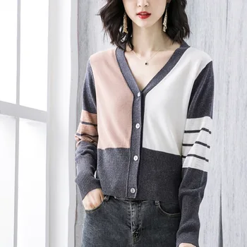 

Three-color Colorblock Cardigan 2020 Autumn and Winter New Temperament Models Knitted Long-sleeved Cardigan Women Sweater 0111