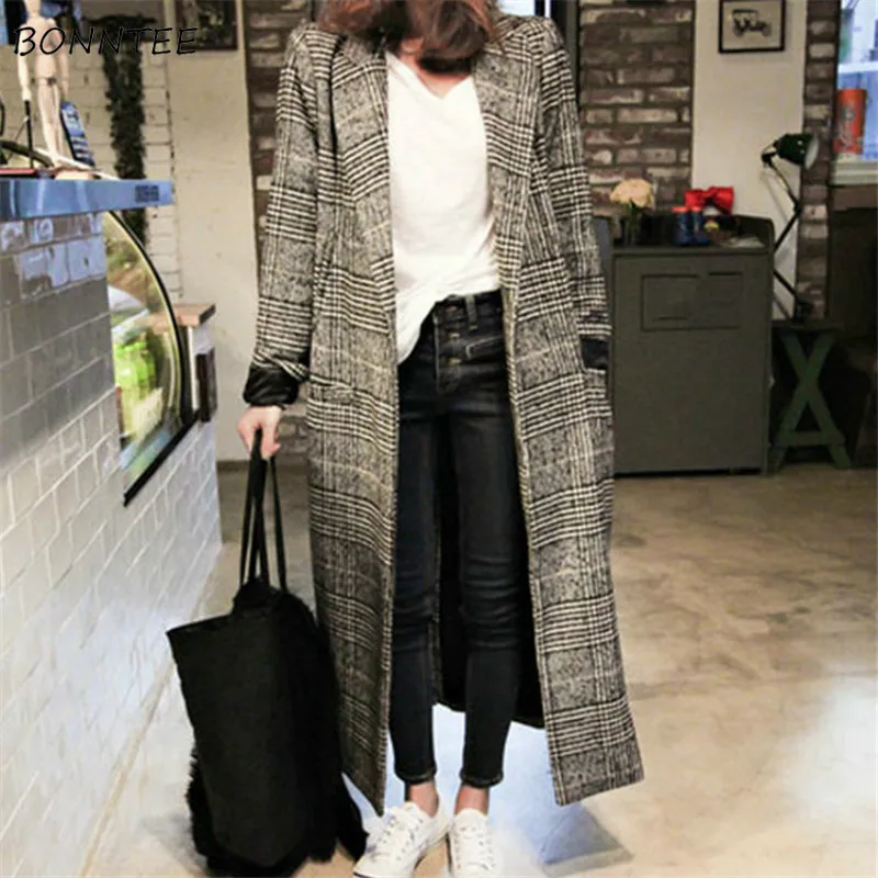 

Wool Blends Women High Quality Ulzzang Soft Elegant Comfortable Autumn Winter Plaid Slim Slender Warm Long Womens Clothing Chic