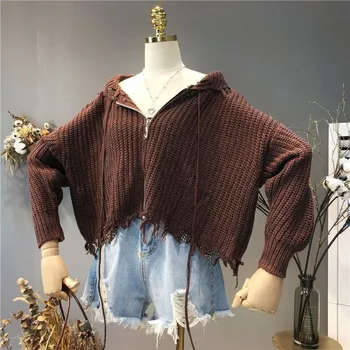 

Tassel Loose Knitted Cardigan Women Black Solid Hooded Sweater Cardigans Fall 2019 Zipper Irregular Sweaters