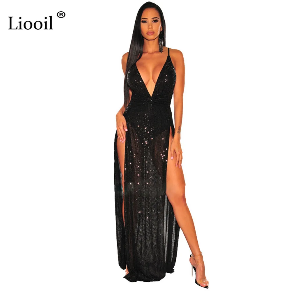 Liooil, черное, с блестками, сексуальное, с разрезом, длинное, макси платье, женская одежда,, без рукавов, v-образный вырез, открытая спина, для ночного клуба, для вечеринки, платья