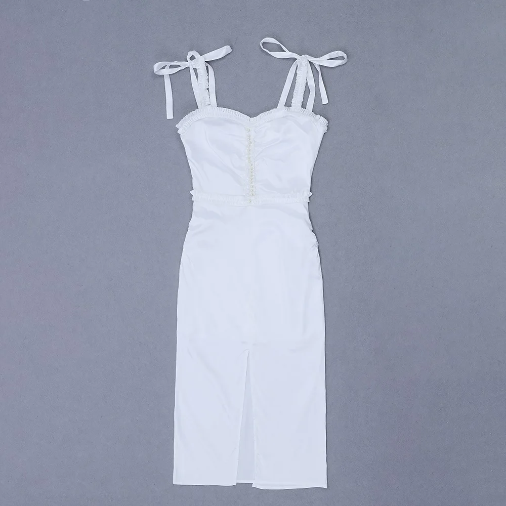 Белый ремешок из бисера Без Рукавов Сплит Трикотажные миди длина Новая мода bodycon Бандажное платье