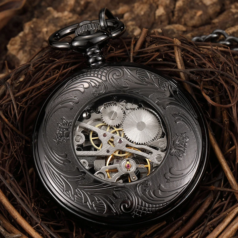 Animal Deer Mechanical Pocket Watch Antique Vintage Steampunk Skeleton Luxury Black Engraved Fob Chain Clock for Men With Box