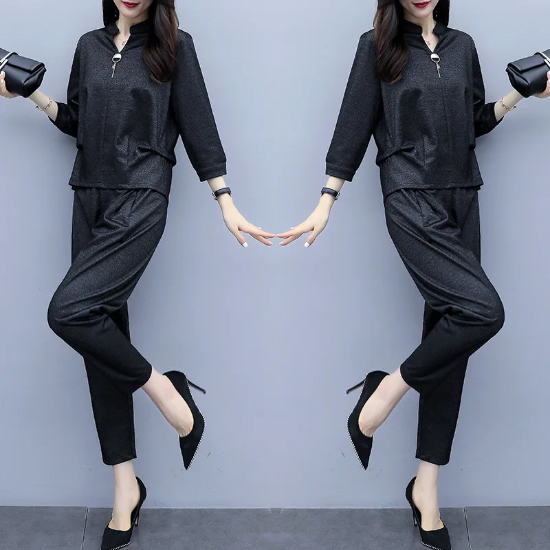 

V-neck Three-quarter-length Sleeve Fashion Elegant Solid Color 2019 Autumn Casual Two-Piece Set