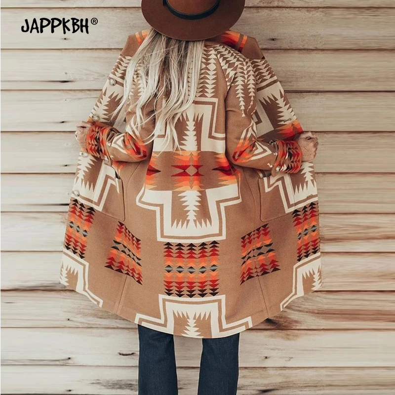 

Vintage Geometry Print Long Jacket Women Autumn Winter 2020 Casual Oversized Single-breasted Woolen Coat Female Loose Warm Tops
