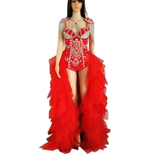 

Sparkling Rhinestones Tassel Red Bodysuit Backless Mesh Gauze Long Trailing Accessories Ladies Dance Costume Dance Show Wear