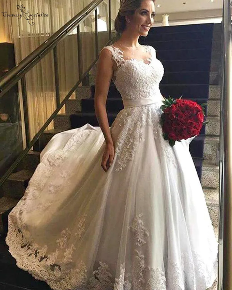 Vestido De Noiva кружевные свадебные платья 2019 аппликации вышитое блестящим бисером корсет обратно развертки поезд Плюс Размер свадебное платье