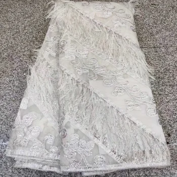 

(5yards/pc) high quality newest white African jacquard tulle lace fabric with embroidery and tassels for wedding party FHS057