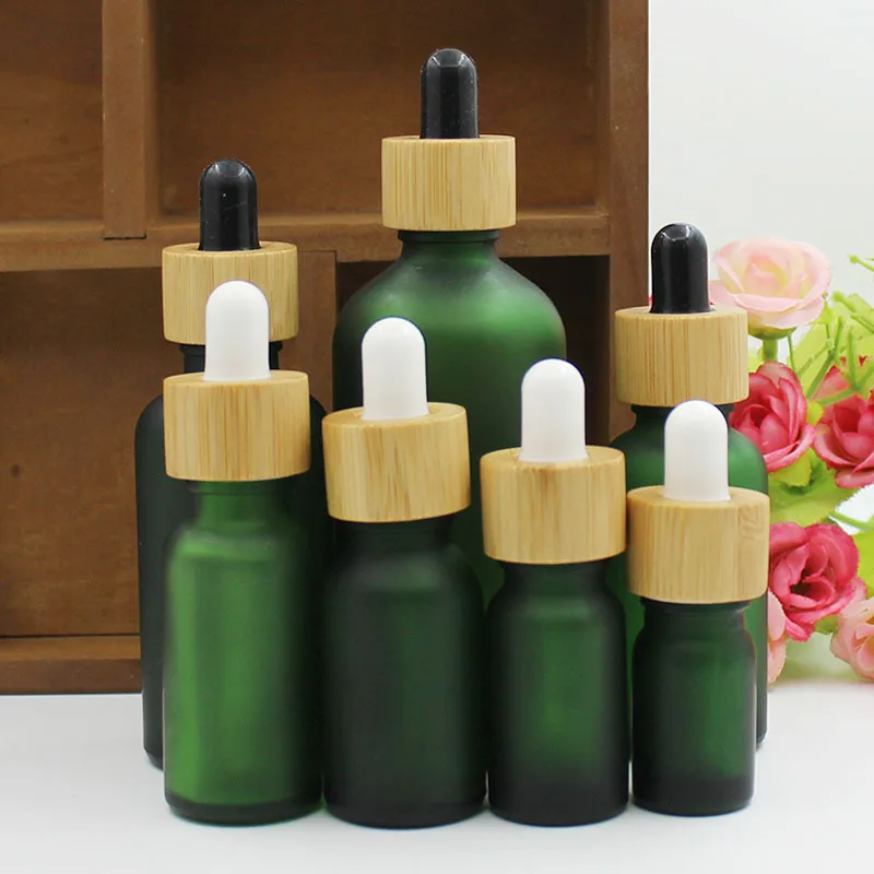 5-100ML Tubes Frosted Green Dropper Glass Aromatherapy Liquid for Essential Massage Oil Pipette Refillable Bottles Wood Lid