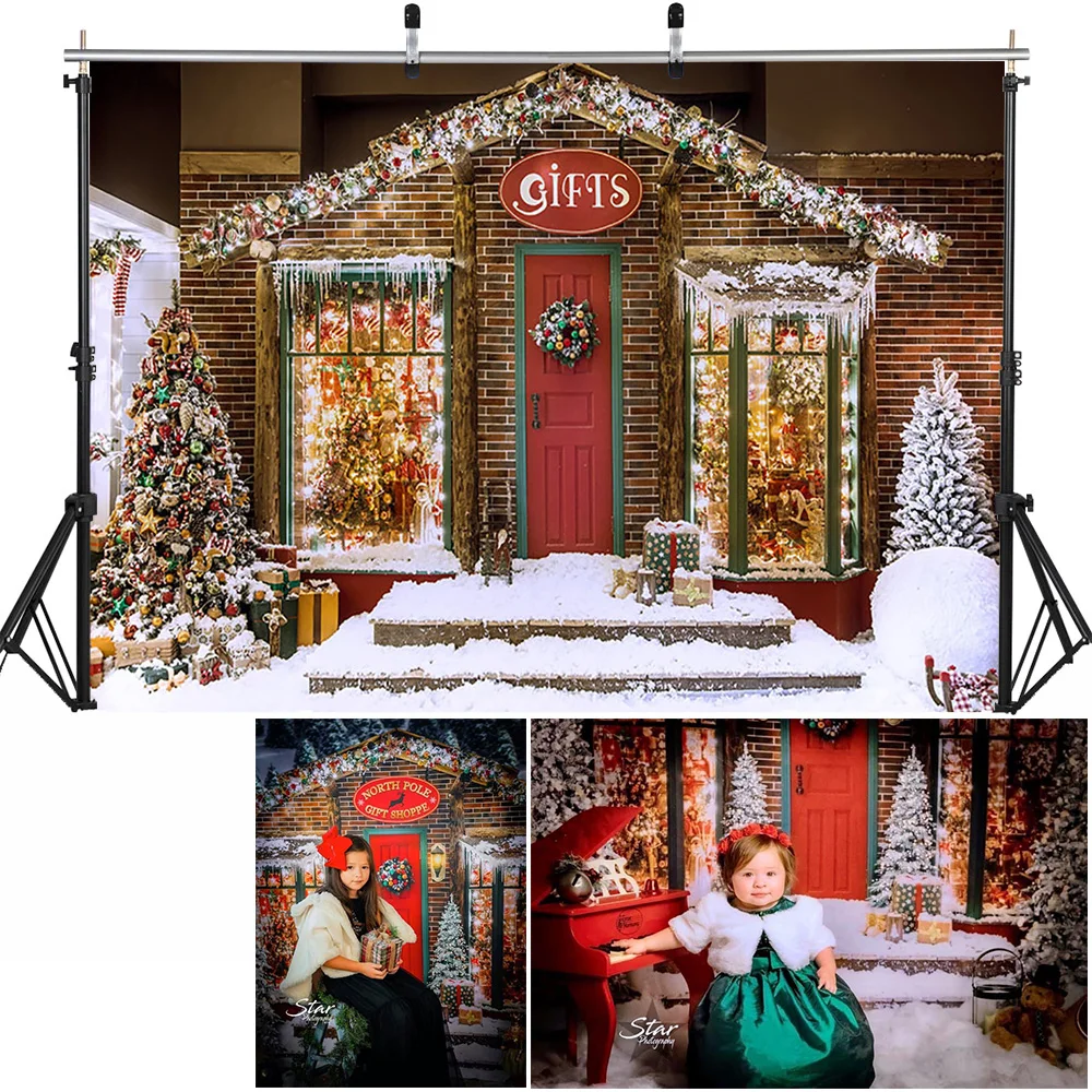 Christmas Window Backdrop Winter Snow Wonderland Birthday Portrait Background Curtain Wreath Christmas Tree Photography Props