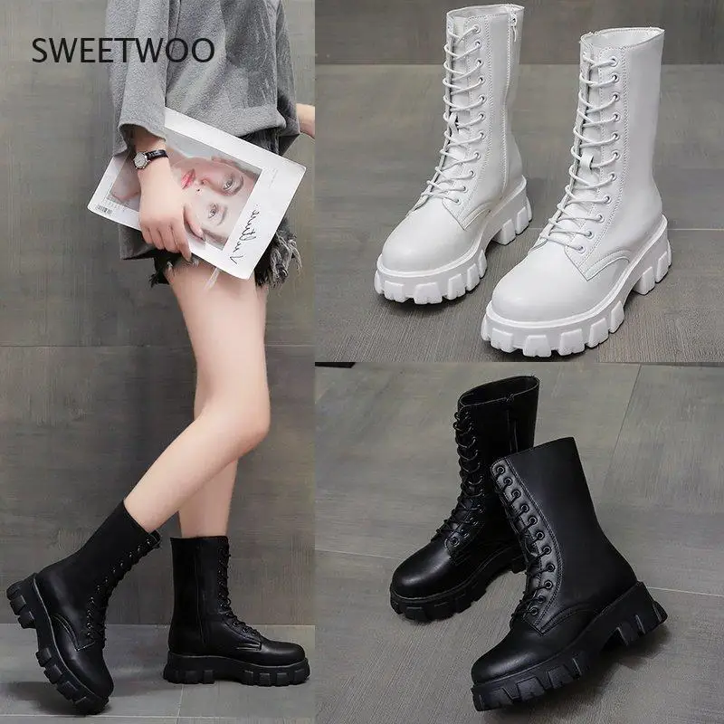 Fashion Boots Female Lace-up Chunky Heels Platform Mid-calf Women's Shoes 2021 Pu Leather Zipper Ladies Shoes Autumn Footwear