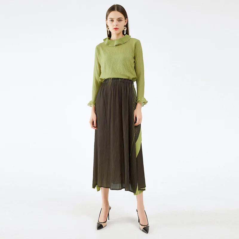 

Plus Size Skirt For Women 45-75kg Autumn 2020 New Fashion Irregular Patchwork Miyake Pleated High Waist Big Swing Skirts Female