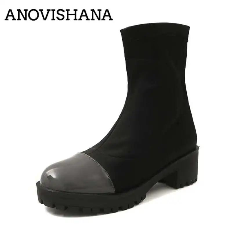 

ANOVISHANA new stretch Lycra sock boots in Autumn shoes ladies round toe platform patchwork botas size 34-43 bottines zapatos