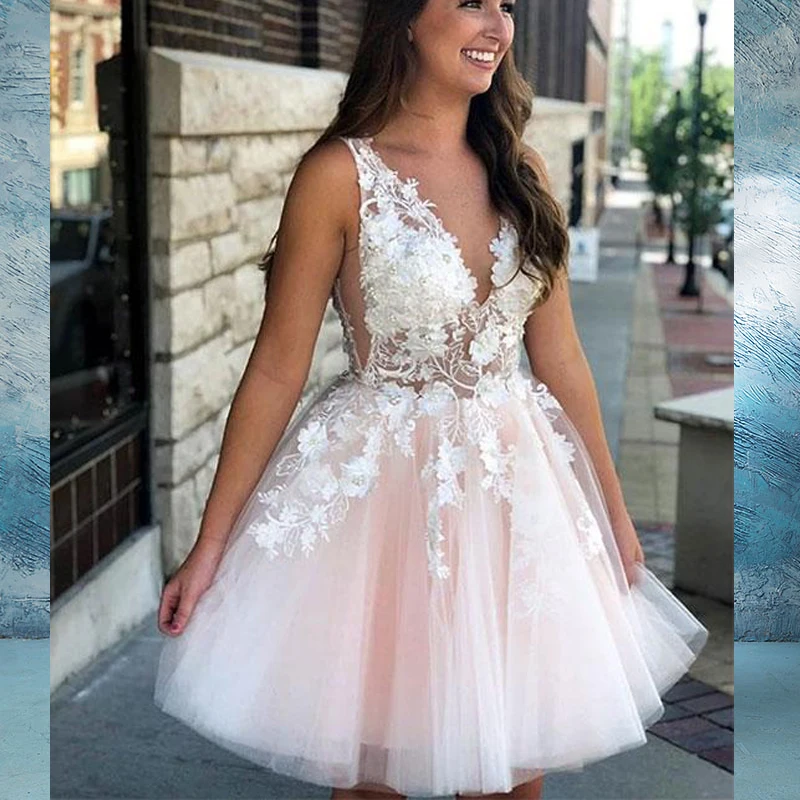 

Sexy Short Homecoming Dresses for Junior 2019 V Neck Backless Graduation Formal Party Cocktail Dresses 3D Flowers Real Photos