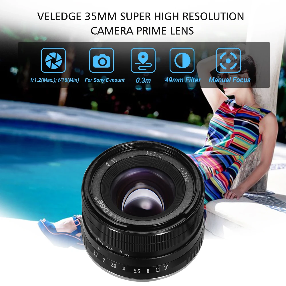 VELEDGE 35 мм F/1,2 объектив камеры супер высокое разрешение Большая диафрагма легкий MF ручной фокус объектив для Sony E-Mount A5100