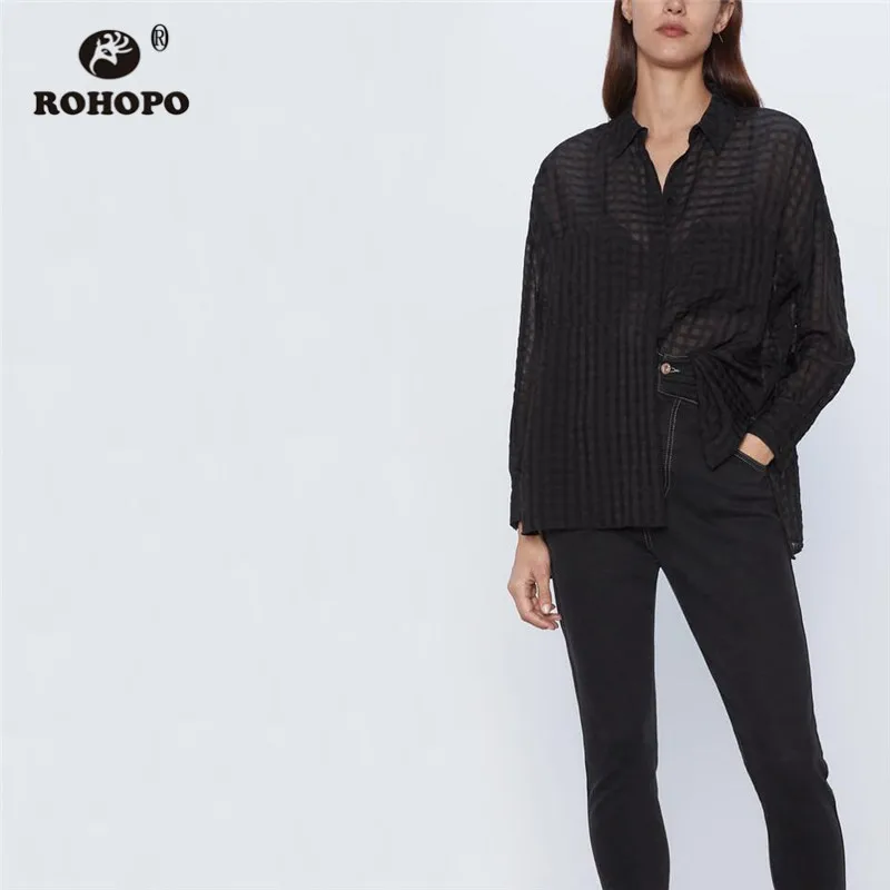ROHOPO, длинный рукав, в клетку, органза, белая, черная, однотонная блузка, Высокий Низкий Топ, с отворотом, карманы, мешковатая, Полупрозрачная рубашка, блуза#9534