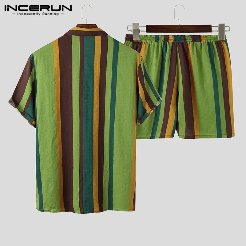 2021 Men Hawaiian Sets Striped Short Sleeve Lapel Button Casual Shirt Beach Shorts Streetwear Breathable Mens Suits INCERUN 7 - Image 4