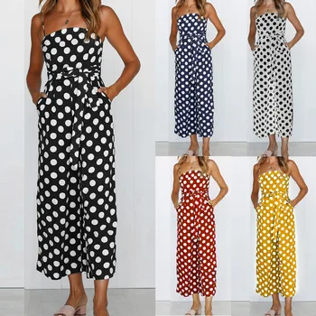 

Polka Dot Print Long Jumpsuit Women Casual Summer Ladis Romper Sleeveless Sling Bandage Clothing Beach Holiday Outfits