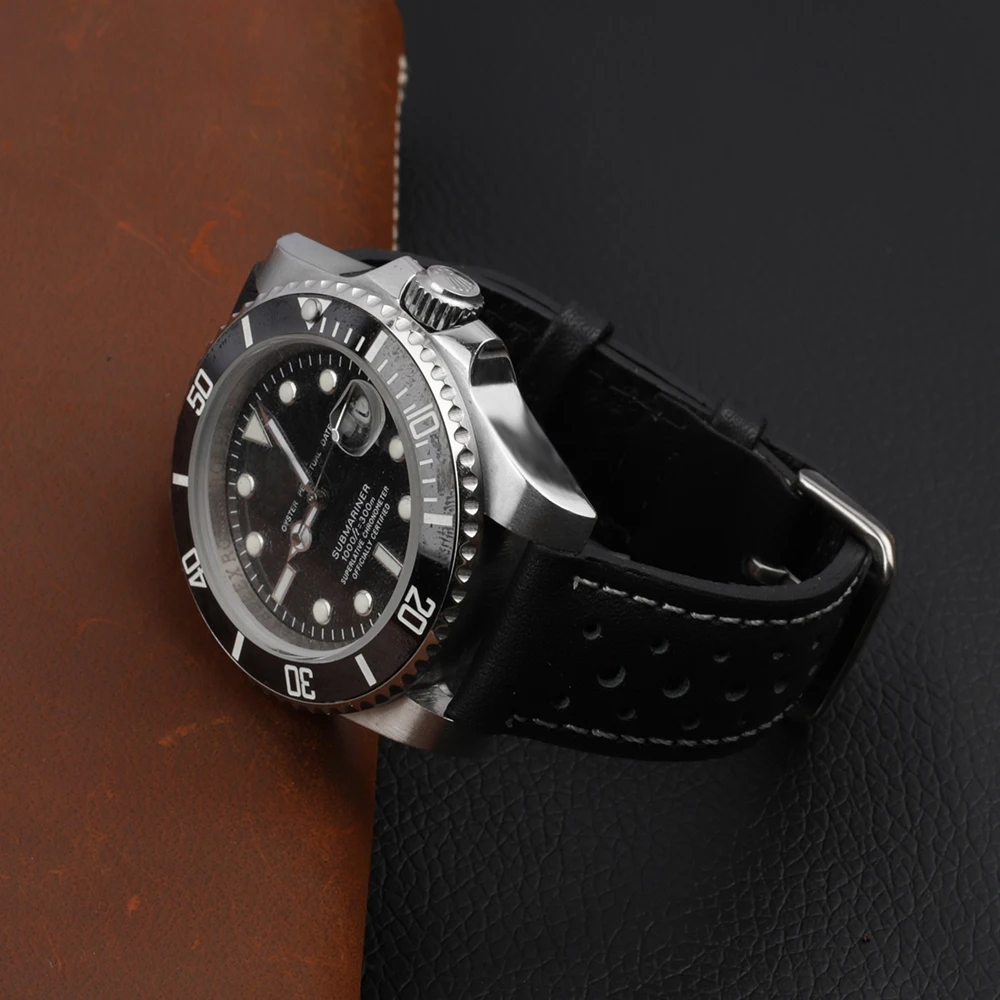 Handcrafted Genuine Leather Brown Porous Breathable Watchstrap with Detailed Stitching