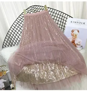 

2020 4 Layers Fashion Sequin Tulle Skirt Women 2019 Spring Summer Korean Long Maxi Skirt Female High Waist Pleated Skirt
