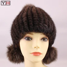 Зимняя женская шапка из натурального меха норки, натуральный мех норки, женские шапки, хорошая эластичная меховая шапка с 3 помпонами из меха лисы, модные меховые шапки
