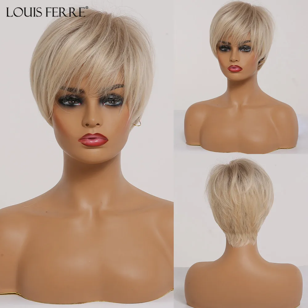 Synthetic-Wigs Short Light-Blonde Side-Bangs Louis Ferre Brown Cosplay Ombre Black Woman