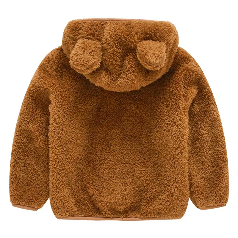 Модное удобное детское пальто с капюшоном милая плюшевая однотонная хлопковая куртка на молнии с ушками теплая плотная одежда для маленьких мальчиков и девочек
