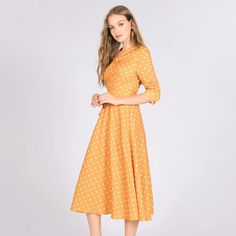ITOOLIN Yellow Polka Dot Long Dress V-Neck High Waist Wrap A-Line Vintage Casual Women Black Dresses 2020 Spring Autumn | Женская одежда