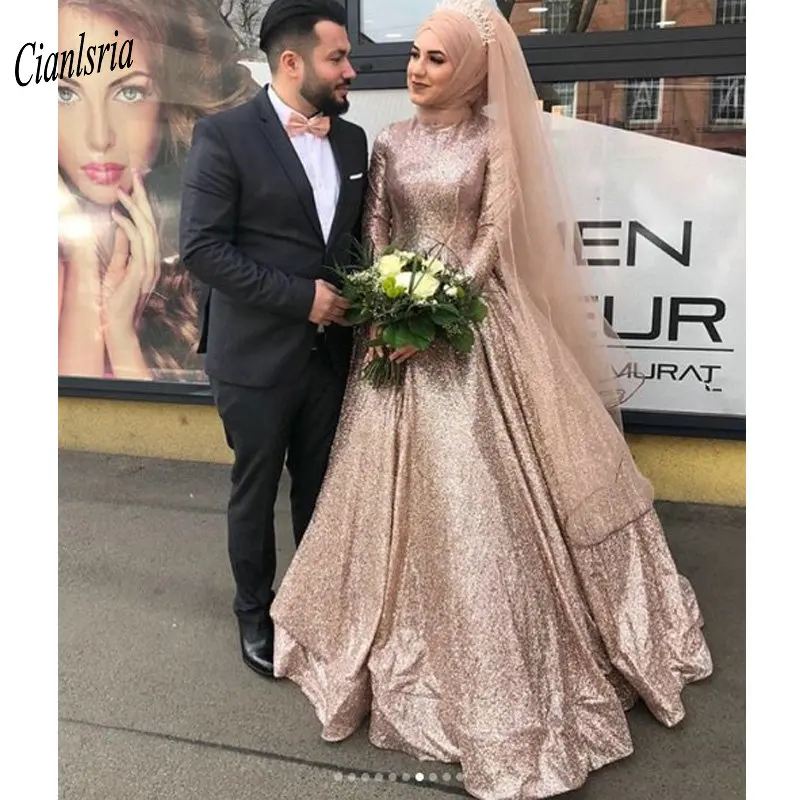 

Simple Sequined High Neck Long Sleeve Muslim Wedding Dress Plus Size Vestido De Novia Dubai Arabic Long Bridal Wedding Dress