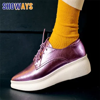 

Silver Purple Genuine Leather Women Derbies Pointed Toe Platform Creepers Casual Office Travel Brogues Retro Lace-up Lady Flats