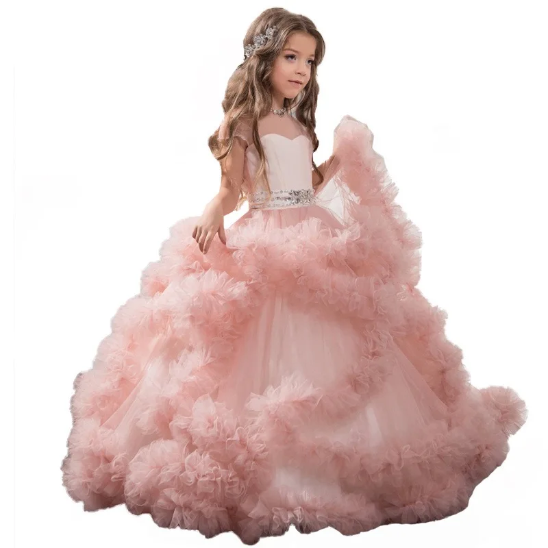 Shiny Toddler Little-Big Girl Feather Princess Cotton Piano Show Dress