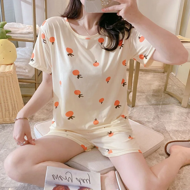 

Cute Orange Fruit Print Summer Pajamas Set For Women 2020 Girls Loose Casual Sleepwear Sweat T-Shirts and Shorts 2 Set Homewear