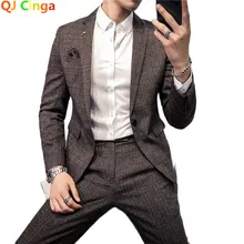 

( Jacket + Pants ) Boutique Fashion Mens Plaid Casual Business Suit High-end Social Formal Suit 2 Pcs Set Groom Wedding 5xl