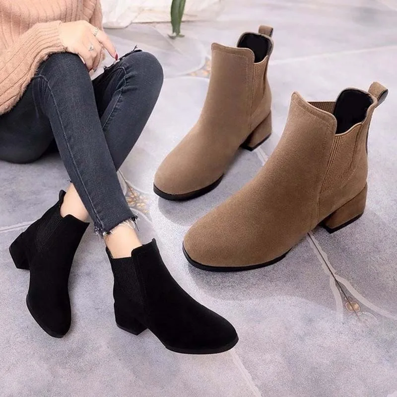 

Women Autumn Winter Flock Ankle Boots Slip-on Round Toe 3.5cm Square Heel Solid Casual Black/Camel Booties Size 35-43