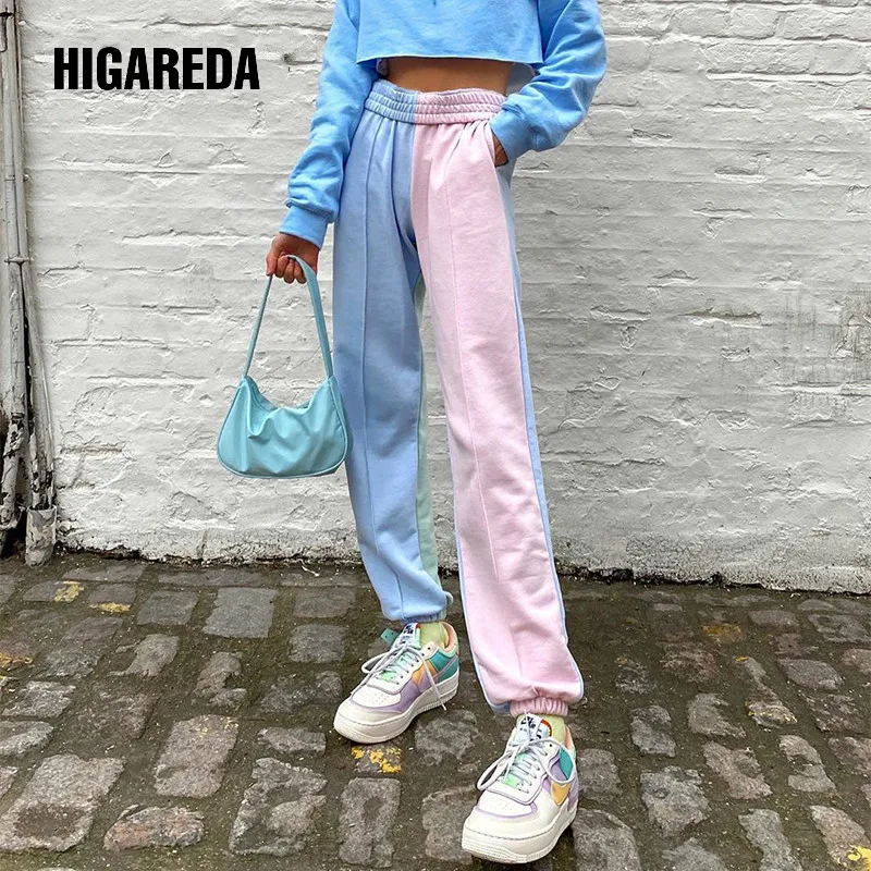 

Colorful Patchwork Casual Track Pants Women Loose High Waist Long Trousers Ladies Korean Fashion Sweatpants Summer