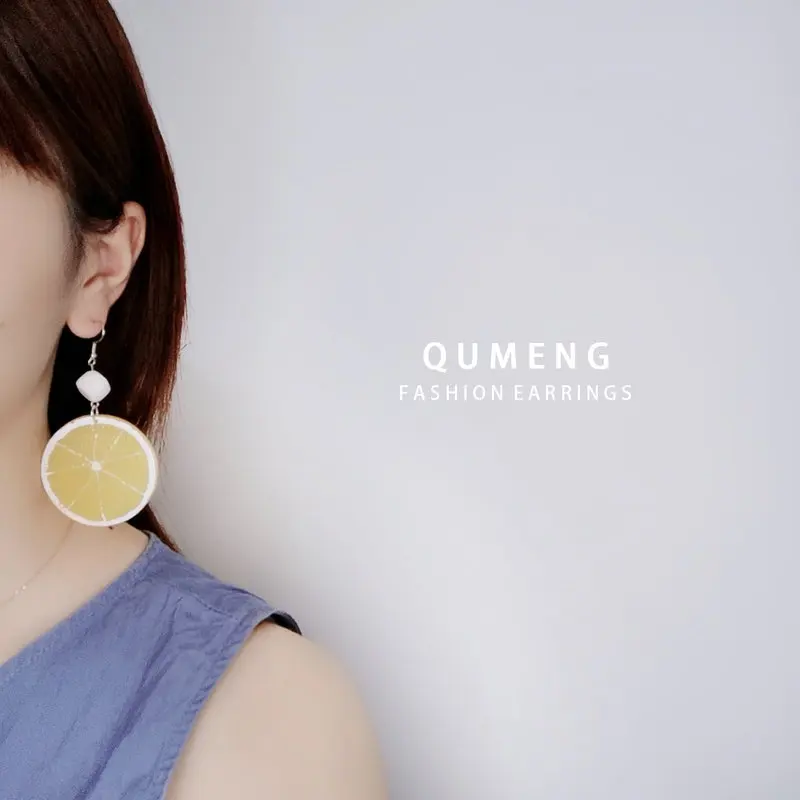 QUMENG новый дизайн милый фрукт лимон апельсин киви серьги для женщин отдыха на