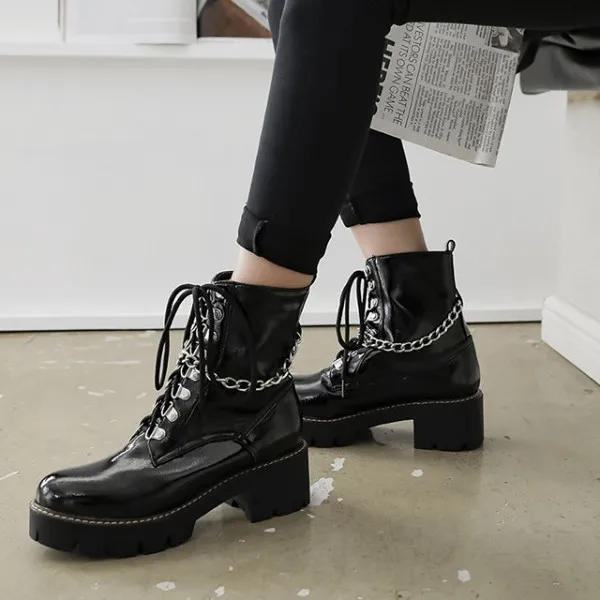 

PXELENA Women Punk Boots Metal Chain Chunky Block High Heel Rock Goth Motorcycle Martin Boots 2019 Winter Shoes Plus Size 34-43