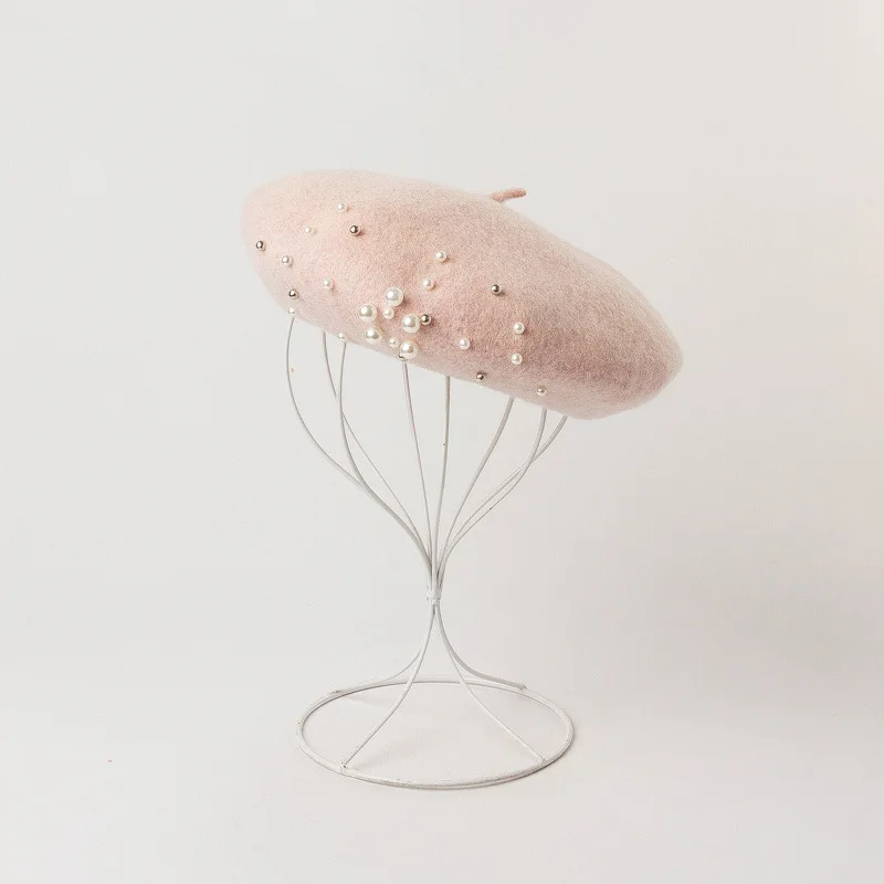 pink Осень зима новые шерстяные, с перламутром берет boinas para mujer французская Кепка boinas берет шляпа новая шерсть берет женский Зимний берет - Цвет: pink