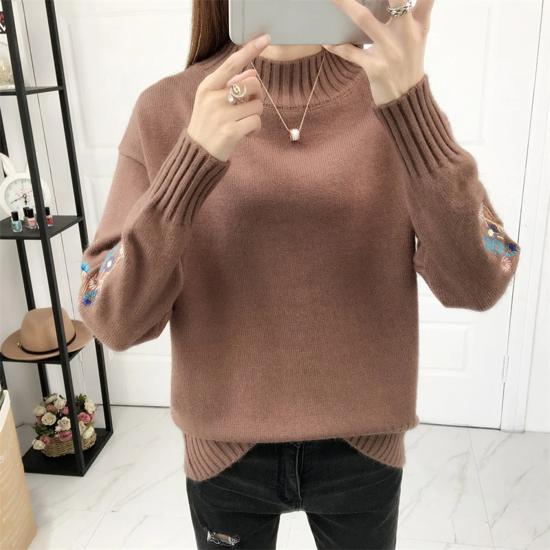 

2019 New Herfst And Winter Half Coltrui Flower Born Trui Sweet Women Oversized Batwing Mouwen Deep Point Trui