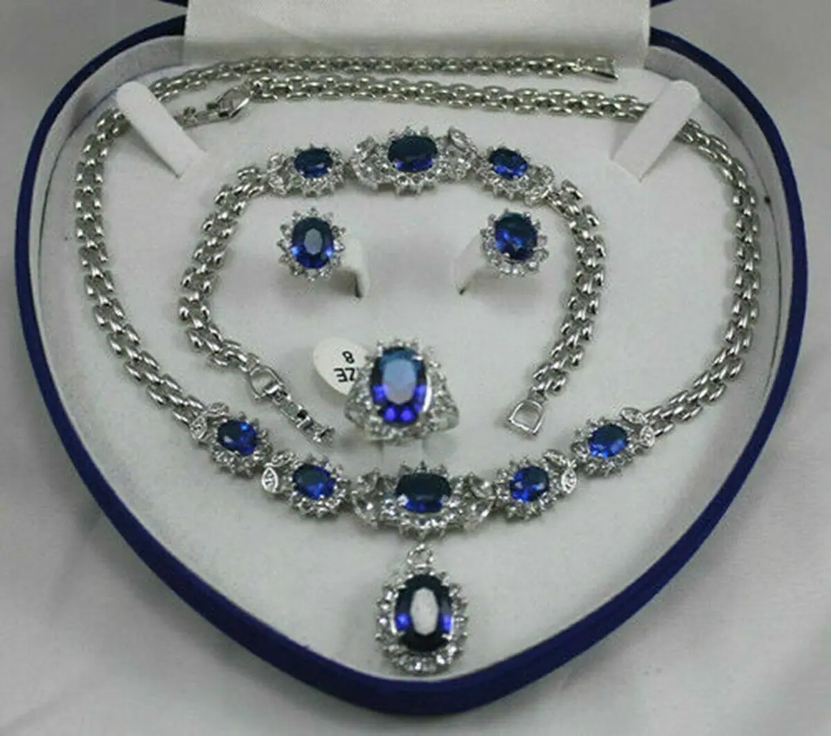 18K GP White Gold Blue Sapphire Set Earring Bracelet Necklace j | Украшения и аксессуары