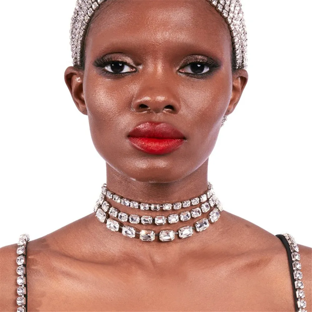 Novelly Crystal Three Layers Big Square Pendant Necklace Wedding Jewelry for Women Shiny Rhinestone Long Tassel Choker Necklace