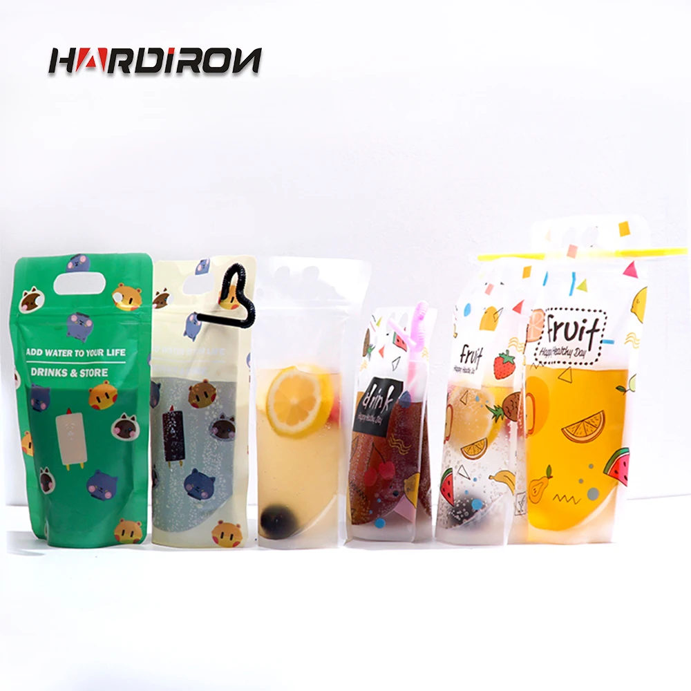 

HARDIRON 100pcs New Matte Plastic Beverage Bag Repeat Closed Tote Packing Bag With Straw Self-standing Juice Coffee Liquid Bag
