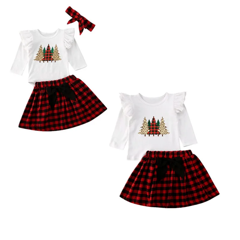 Весенне-осенняя одежда для малышей Рождественский комбинезон для маленьких девочек с 3 рождественскими елками+ клетчатый комплект юбки