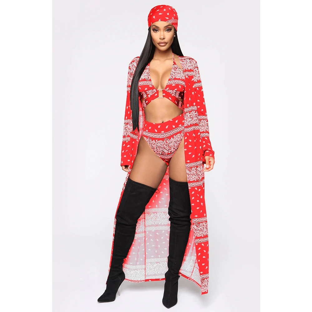 4pcs/set Bikini And Cover Up Set Long Sleeve Cover Ups Swimsuit Women