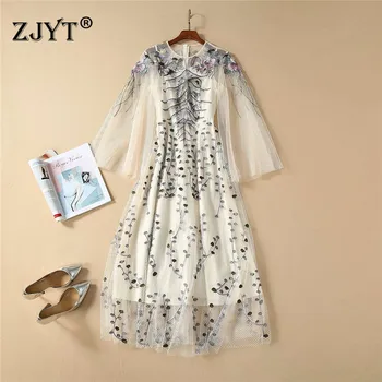 

2020 Spring Runway Dress High Quality Women Elegant Long Sleeve See Through Embroidery Tulle Maxi Sexy Party Dress Vestidos