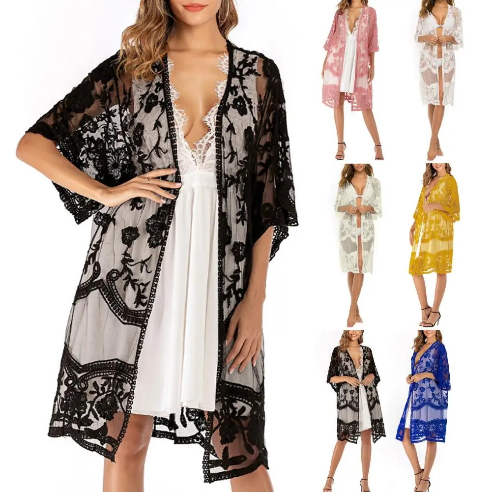 Bohemian Women Lace Floral Crochet Sheer Bikini Cover Up Long Open Cardigan Loose style comfortable and convenient photo