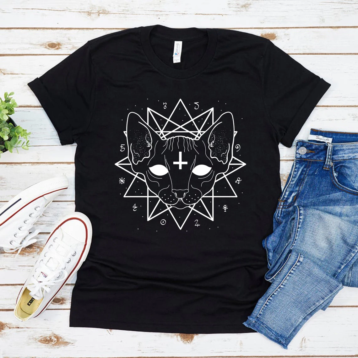 

Woman Goth Graphic T Shirts Hipster Tops Tees Cat T-Shirt Death Metal Witchy Tee Unisex Gothic Punk Shirt