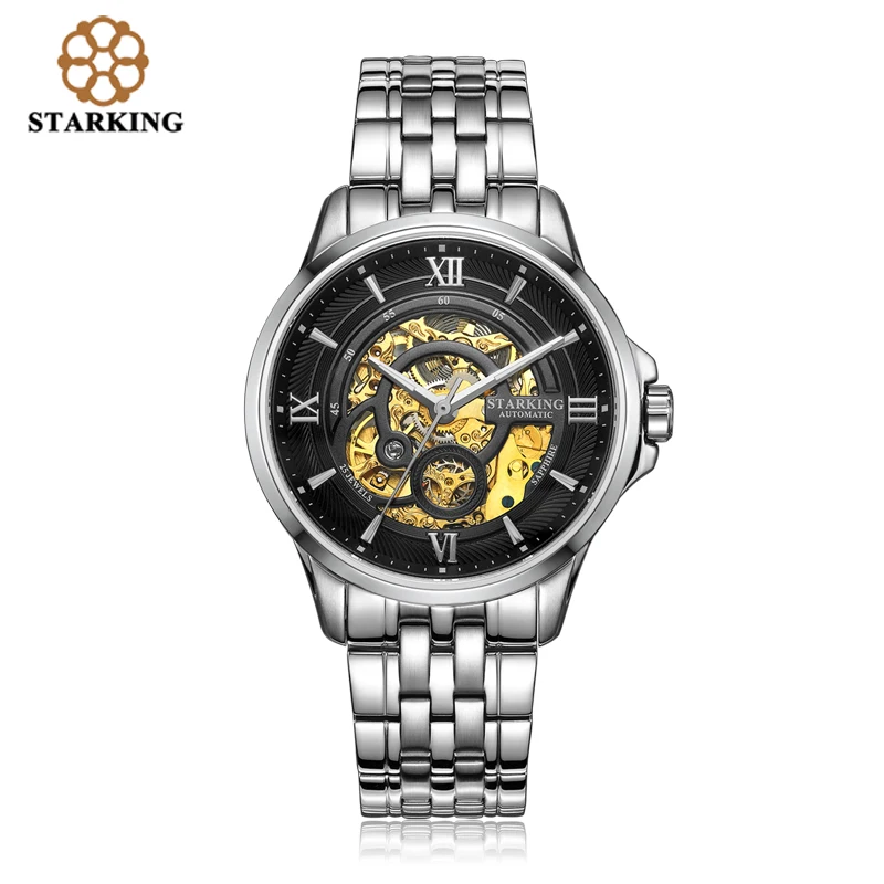 

STARKING Men Skeleton Automatic Mechanical Watch Luxury Famous Brand Stainless Steel Sapphire Black WristWatch relogio masculino