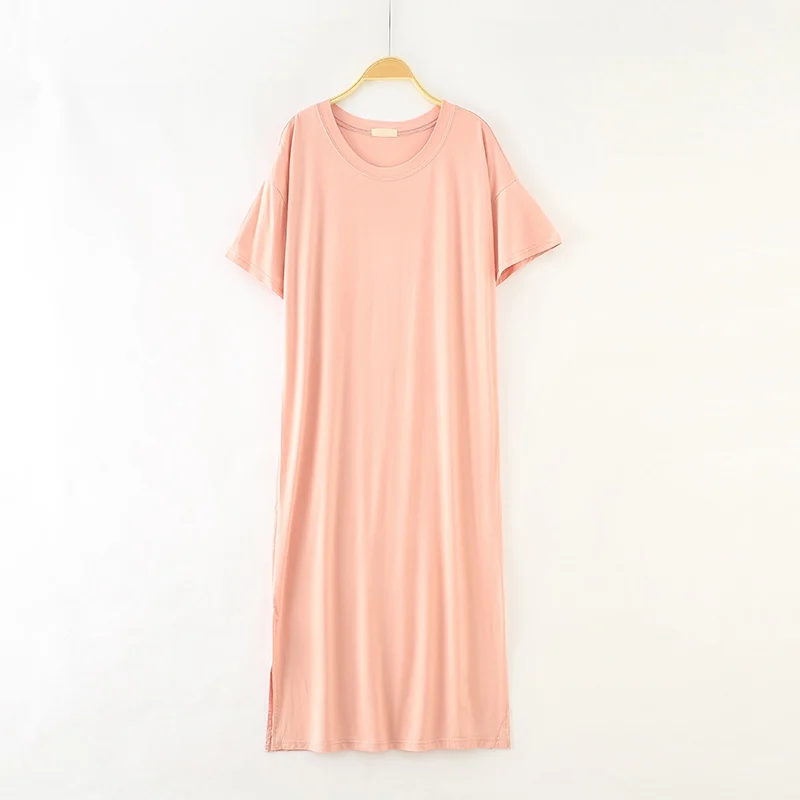 N Apricot Pink Новое платье для сна для беременных женщин, ночное платье из модала, одноцветная ночная рубашка с О-образным вырезом и коротким рукавом, размер 45-90 кг - Цвет: N Apricot Pink